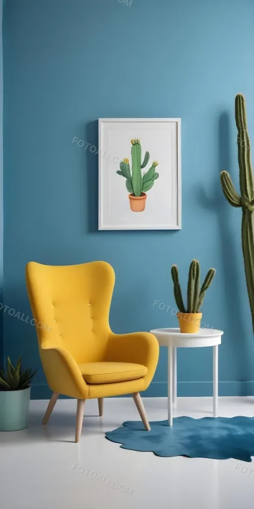 Yellow Armchair With A White Frame On The Wall And A White Table With Cactuses In A Blue Room 32 2a76