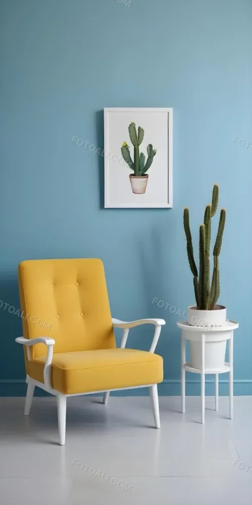 Yellow Armchair With A White Frame On The Wall And A White Table With Cactuses In A Blue Room 4 E6a9