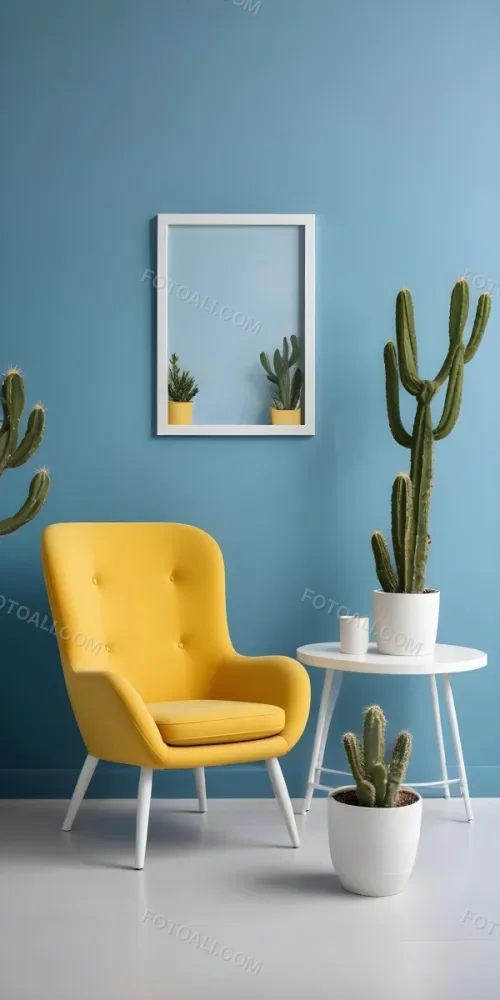 Yellow Armchair With A White Frame On The Wall And A White Table With Cactuses In A Blue Room 6 D9e7