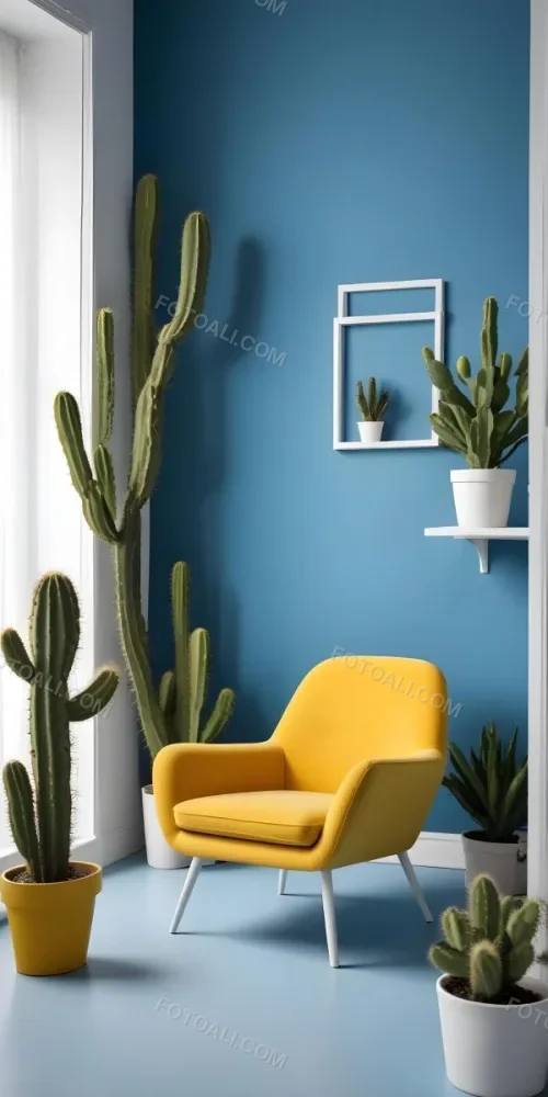 Yellow Armchair With A White Frame On The Wall And A White Table With Cactuses In A Blue Room 8 12c3