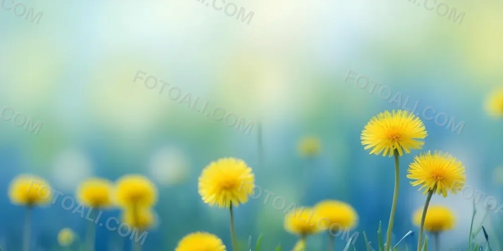 Yellow Dandelion Flowers In A Blurred Blue And Green Field 12 C2b8