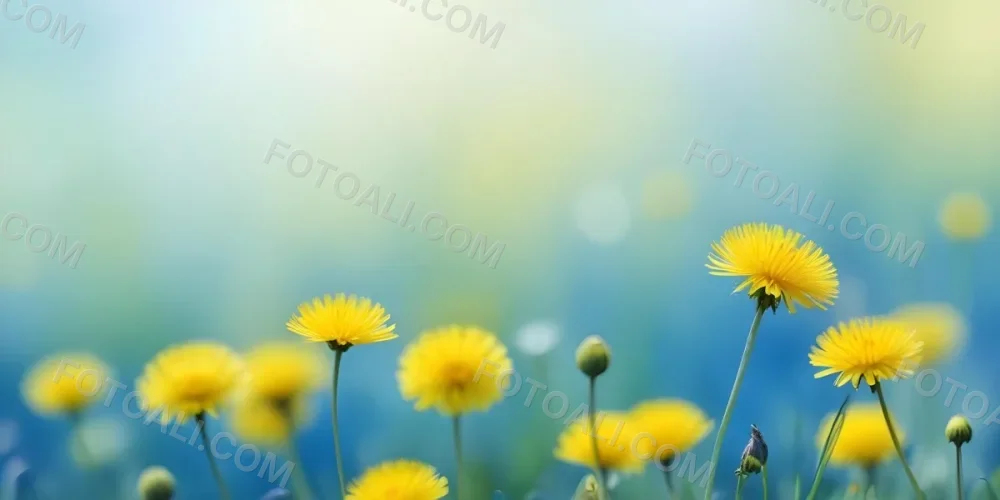 Yellow Dandelion Flowers In A Blurred Blue And Green Field 15 295c