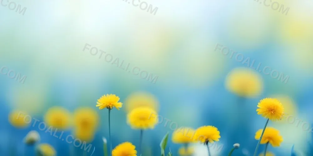 Yellow Dandelion Flowers In A Blurred Blue And Green Field 19 1fd9