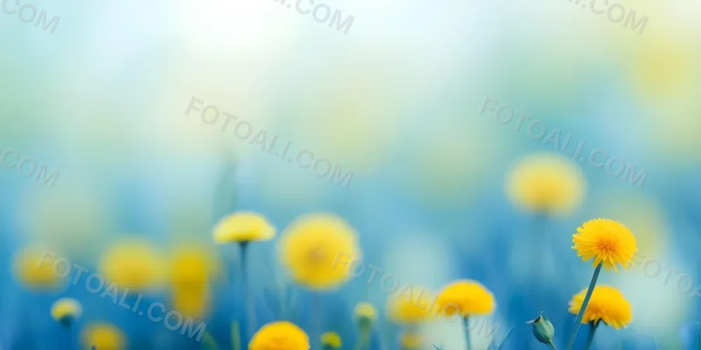 Yellow Dandelion Flowers In A Blurred Blue And Green Field 6 A479