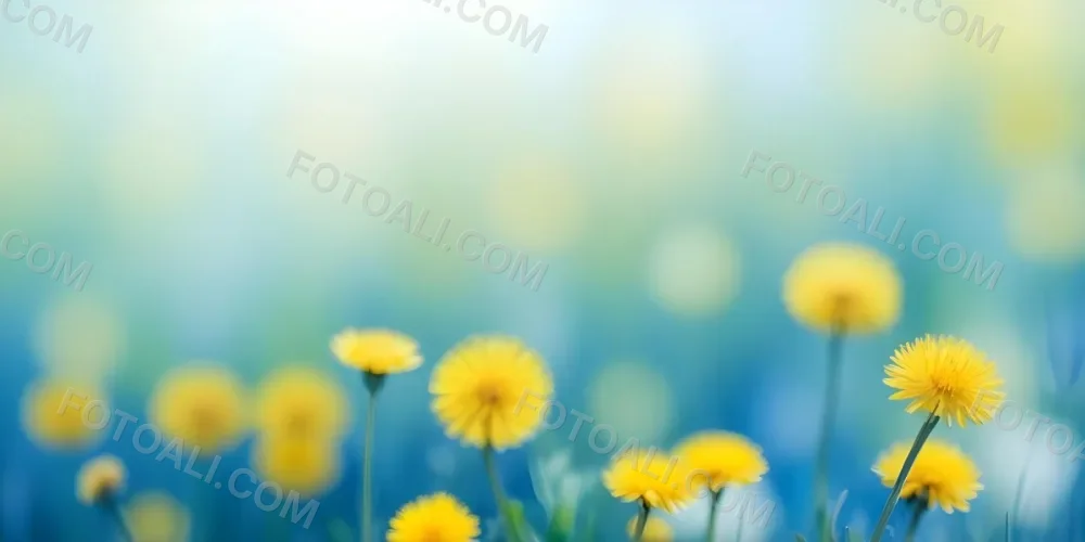 Yellow Dandelion Flowers In A Blurred Blue And Green Field 7 449d