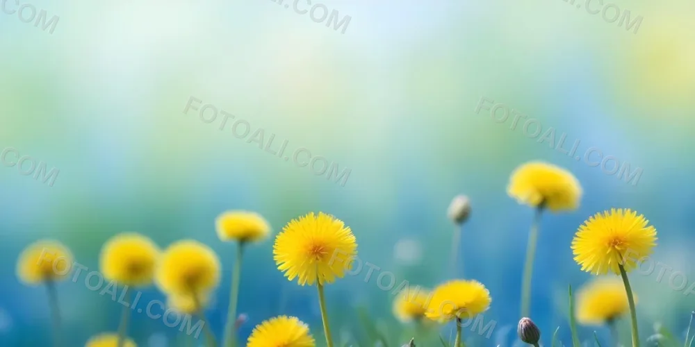 Yellow Dandelion Flowers In A Blurred Blue And Green Field 8 65b5