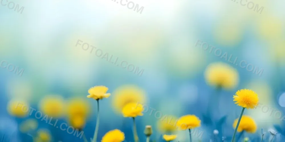 Yellow Dandelion Flowers In A Blurred Blue And Green Field 9 Cba7