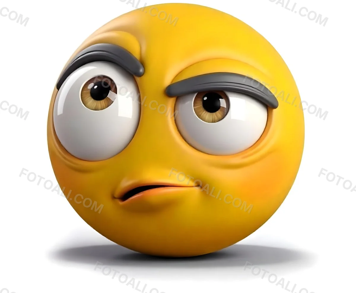 Yellow Emoji With Big Eyes And Thick Eyebrows Looking To The Left Small Mouth White Background 1 8b9a