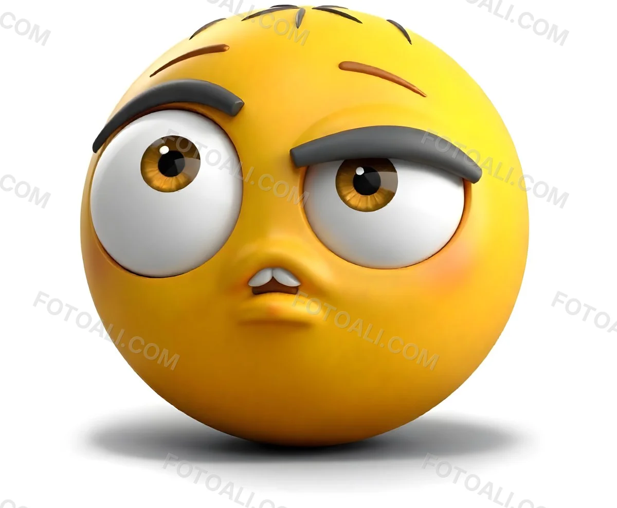 Yellow Emoji With Big Eyes And Thick Eyebrows Looking To The Left Small Mouth White Background 15 Ef28