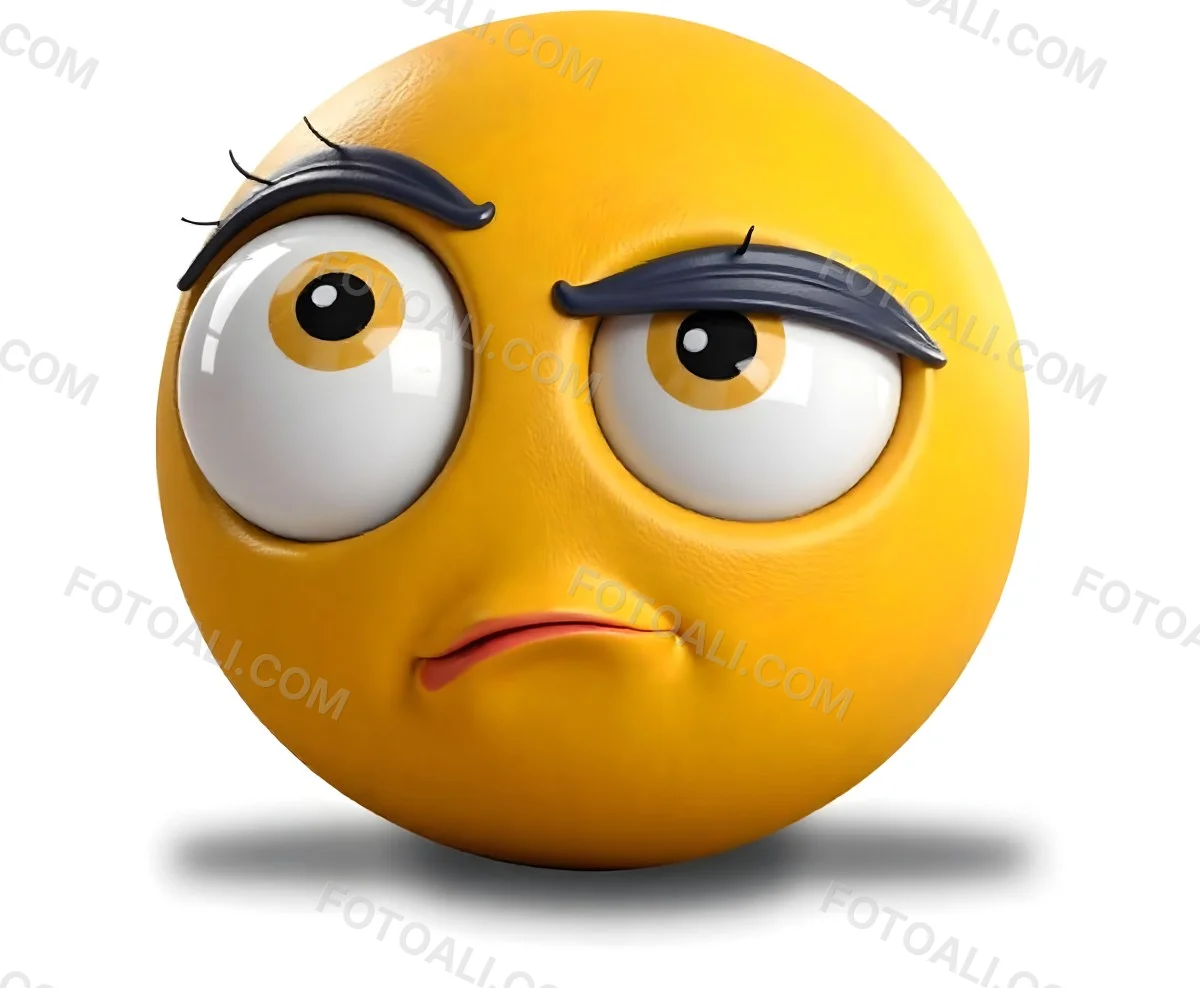 Yellow Emoji With Big Eyes And Thick Eyebrows Looking To The Left Small Mouth White Background 3 E21d