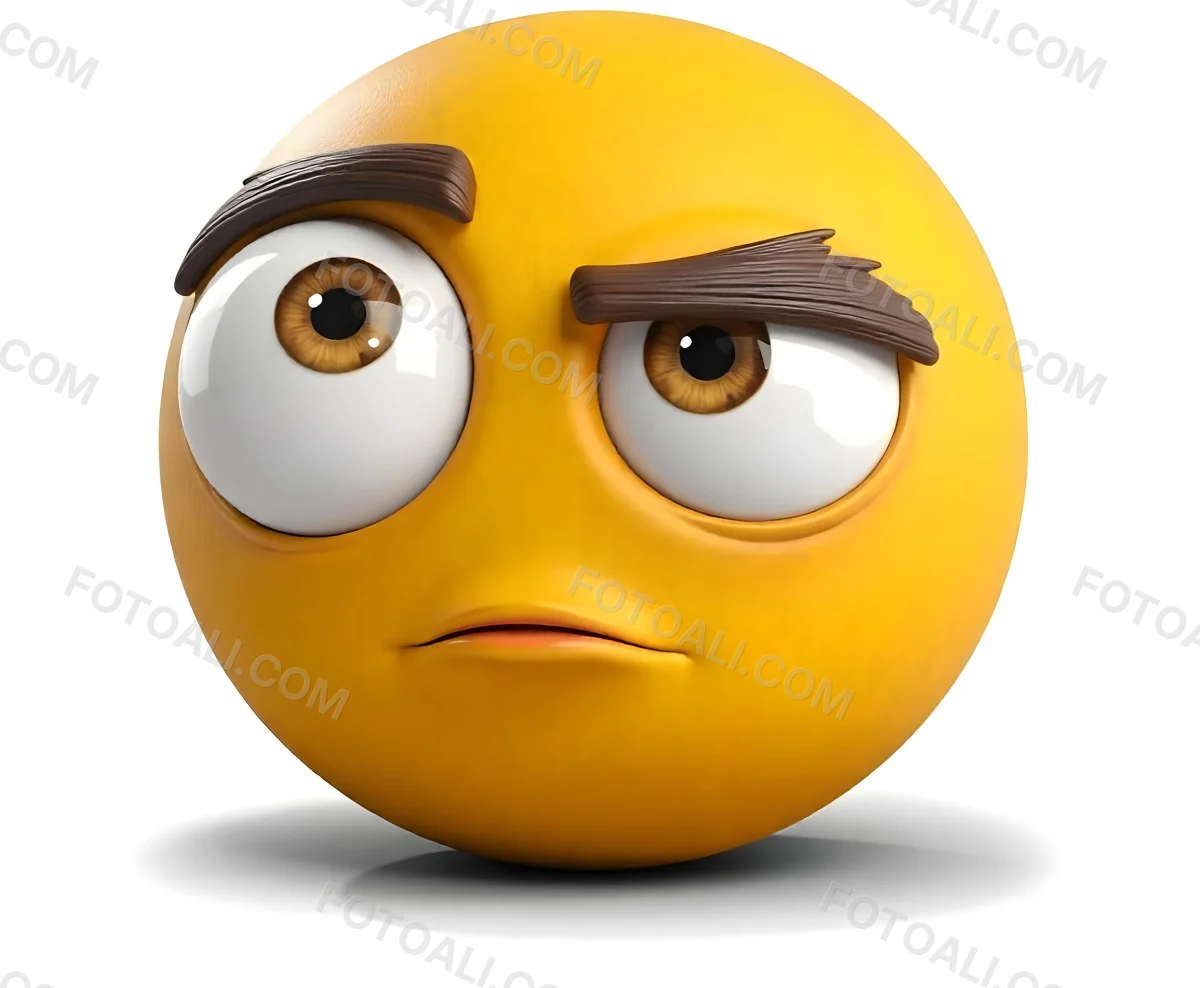 Yellow Emoji With Big Eyes And Thick Eyebrows Looking To The Left Small Mouth White Background 4 46f4