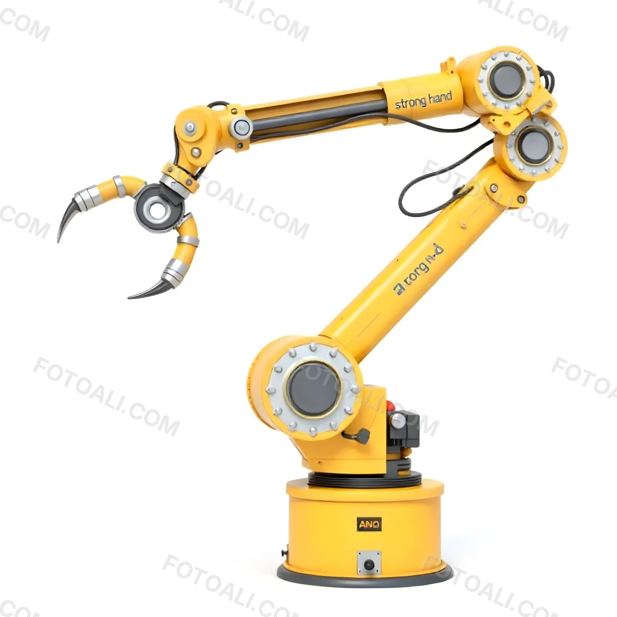 Yellow Industrial Robotic Arm With Metal Pincers The Arm Has The Words Strong Hand Written On It Isolated On White Background 3 5a7a