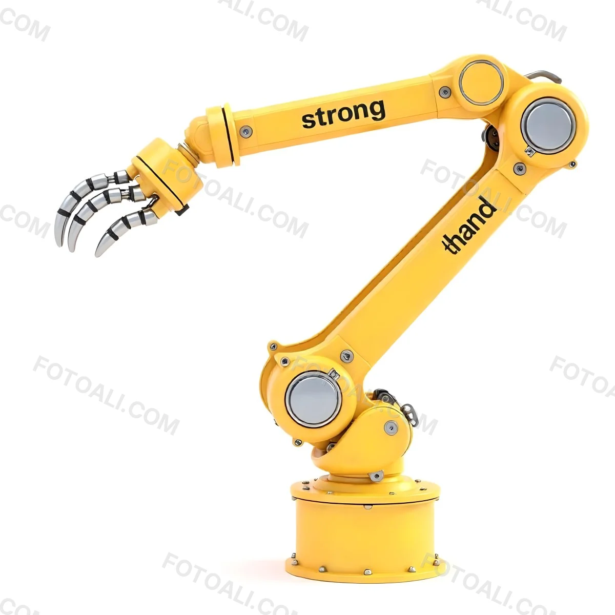 Yellow Industrial Robotic Arm With Metal Pincers The Arm Has The Words Strong Hand Written On It Isolated On White Background 4 De58