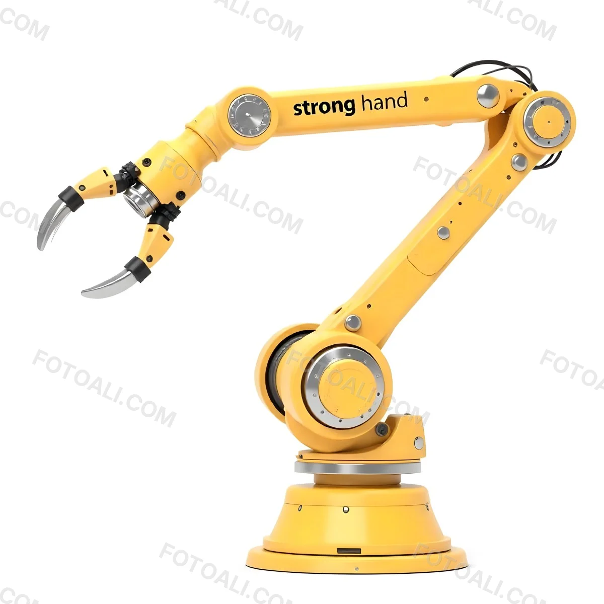 Yellow Industrial Robotic Arm With Metal Pincers The Arm Has The Words Strong Hand Written On It Isolated On White Background 6 C51c