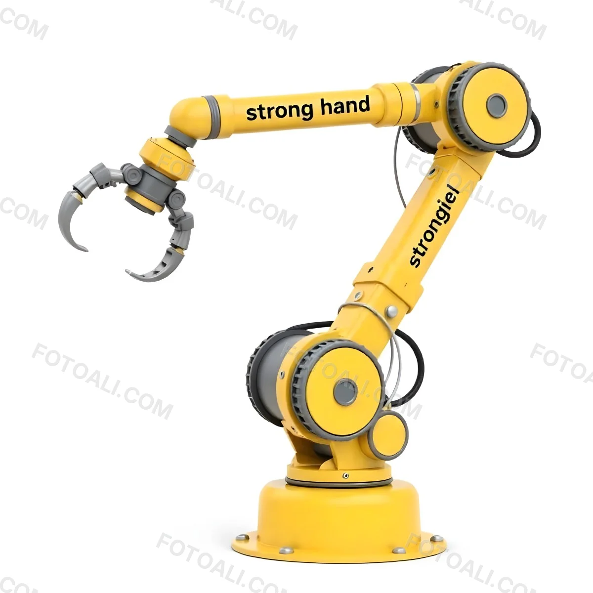 Yellow Industrial Robotic Arm With Metal Pincers The Arm Has The Words Strong Hand Written On It Isolated On White Background 8 4c6e