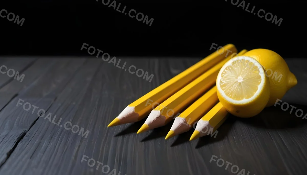 Yellow Pencils And A Lemon On A Dark Wooden Surface 10 968a