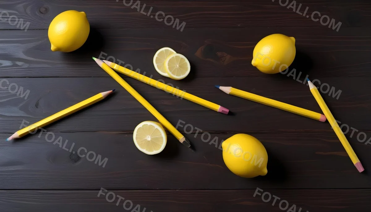 Yellow Pencils And A Lemon On A Dark Wooden Surface 12 C065