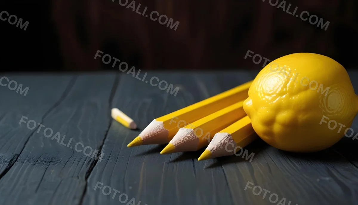 Yellow Pencils And A Lemon On A Dark Wooden Surface 14 C81f