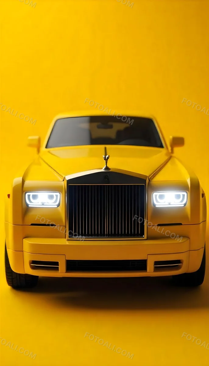 Yellow Rolls Royce Front View Headlight On Yellow Background 11 682c
