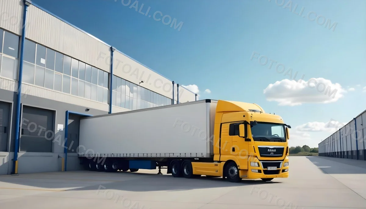 Yellow Semi Truck With A Blue Trailer Parked In Front Of A Large Warehouse The Sky Is Blue With Some Clouds 1 8b6c