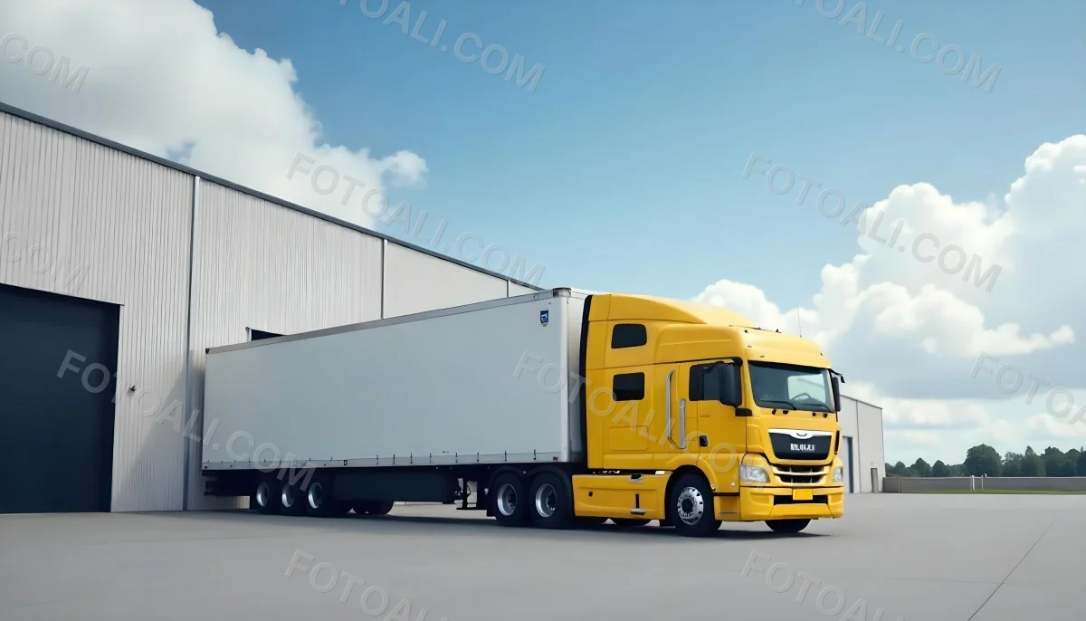 Yellow Semi Truck With A Blue Trailer Parked In Front Of A Large Warehouse The Sky Is Blue With Some Clouds 10 6dcb