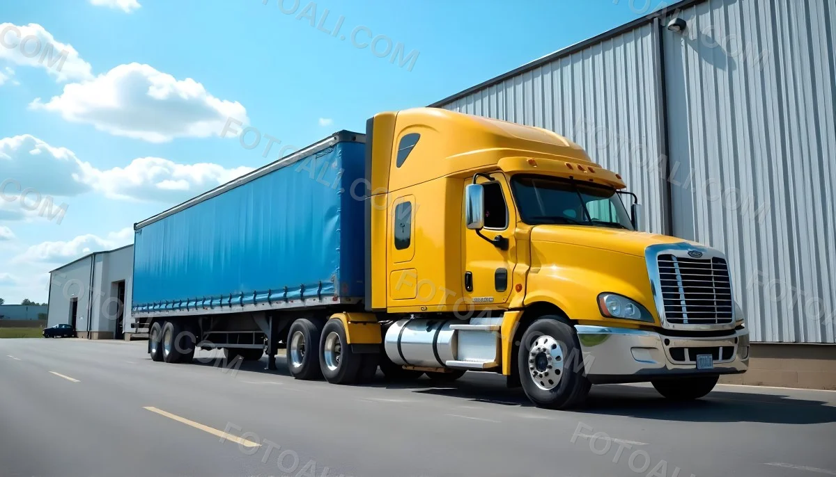 Yellow Semi Truck With A Blue Trailer Parked In Front Of A Large Warehouse The Sky Is Blue With Some Clouds 12 80be