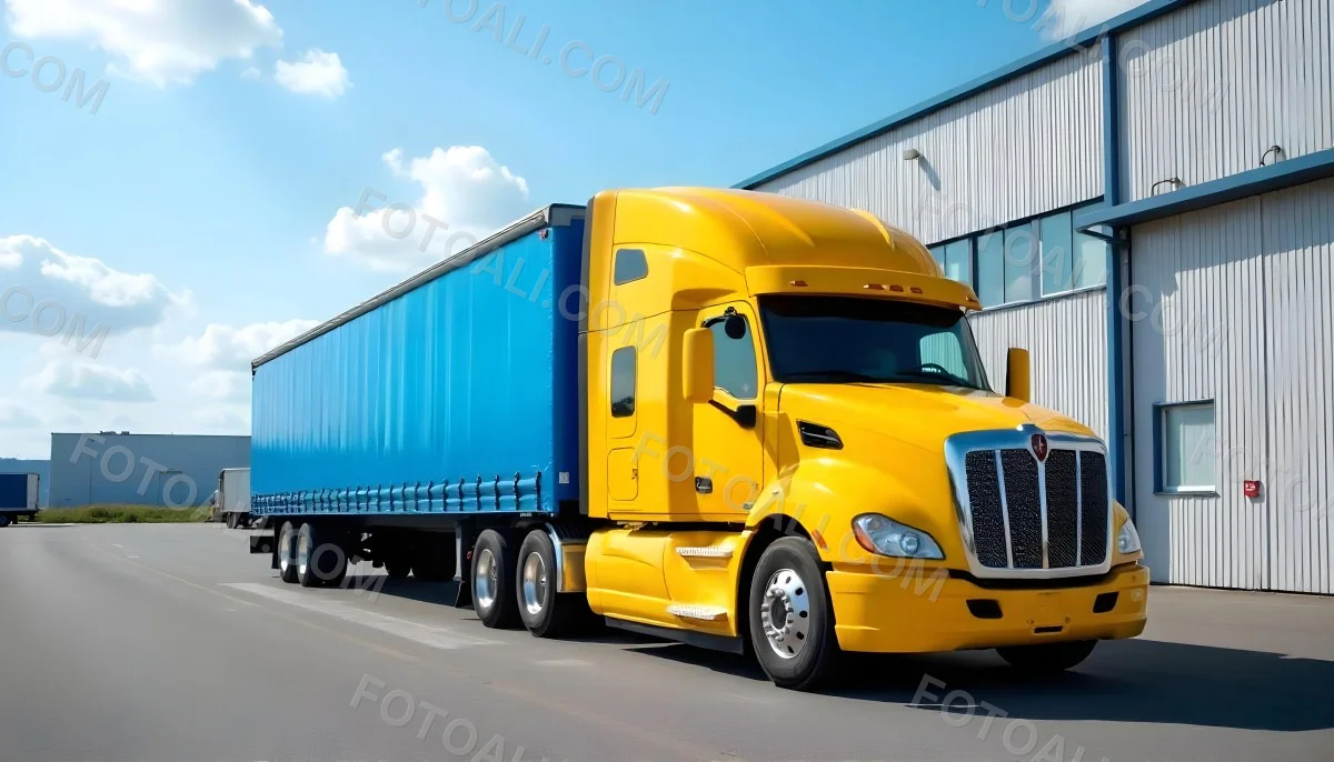 Yellow Semi Truck With A Blue Trailer Parked In Front Of A Large Warehouse The Sky Is Blue With Some Clouds 14 B682