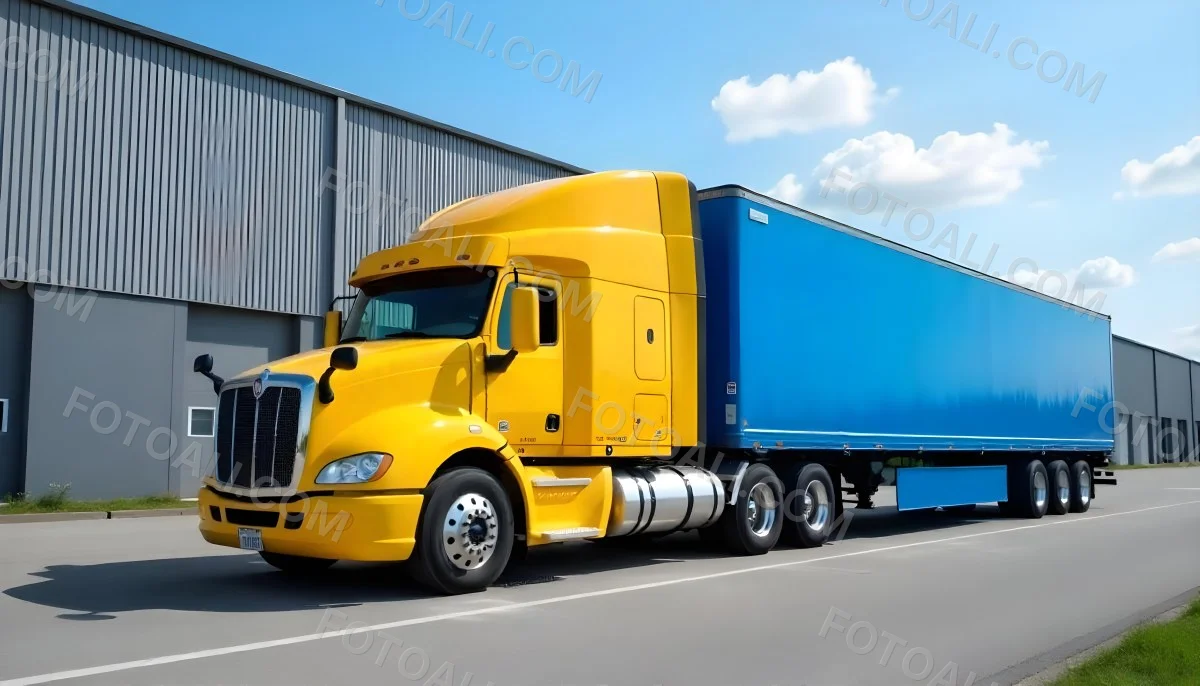 Yellow Semi Truck With A Blue Trailer Parked In Front Of A Large Warehouse The Sky Is Blue With Some Clouds 16 Afe2