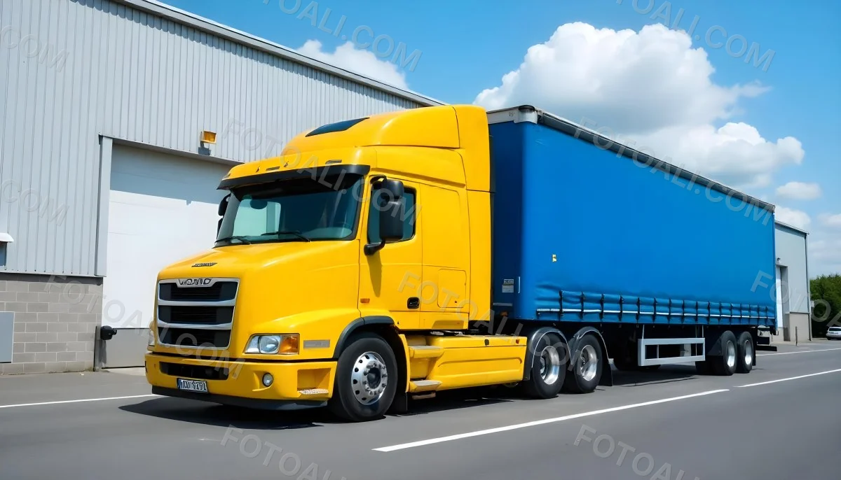 Yellow Semi Truck With A Blue Trailer Parked In Front Of A Large Warehouse The Sky Is Blue With Some Clouds 17 Aa29