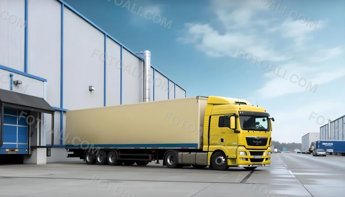 Yellow Semi Truck With A Blue Trailer Parked In Front Of A Large Warehouse The Sky Is Blue With Some Clouds 18 6013
