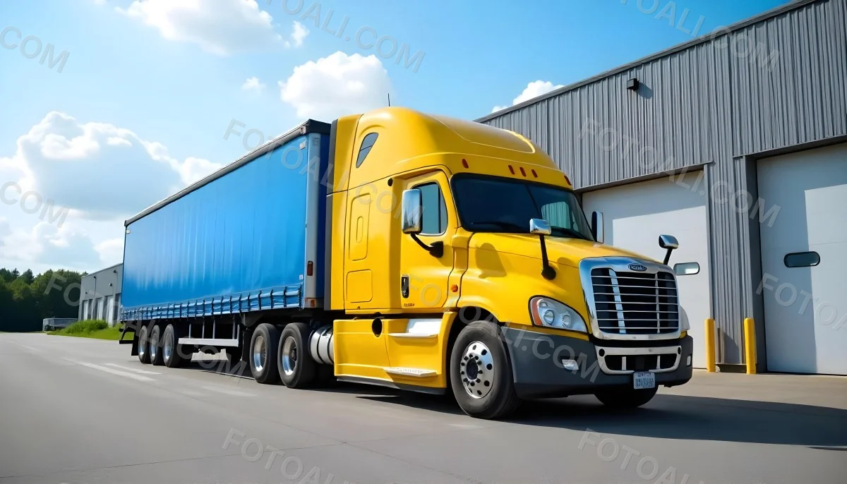 Yellow Semi Truck With A Blue Trailer Parked In Front Of A Large Warehouse The Sky Is Blue With Some Clouds 19 3736