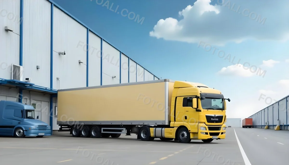 Yellow Semi Truck With A Blue Trailer Parked In Front Of A Large Warehouse The Sky Is Blue With Some Clouds 20 2f2b