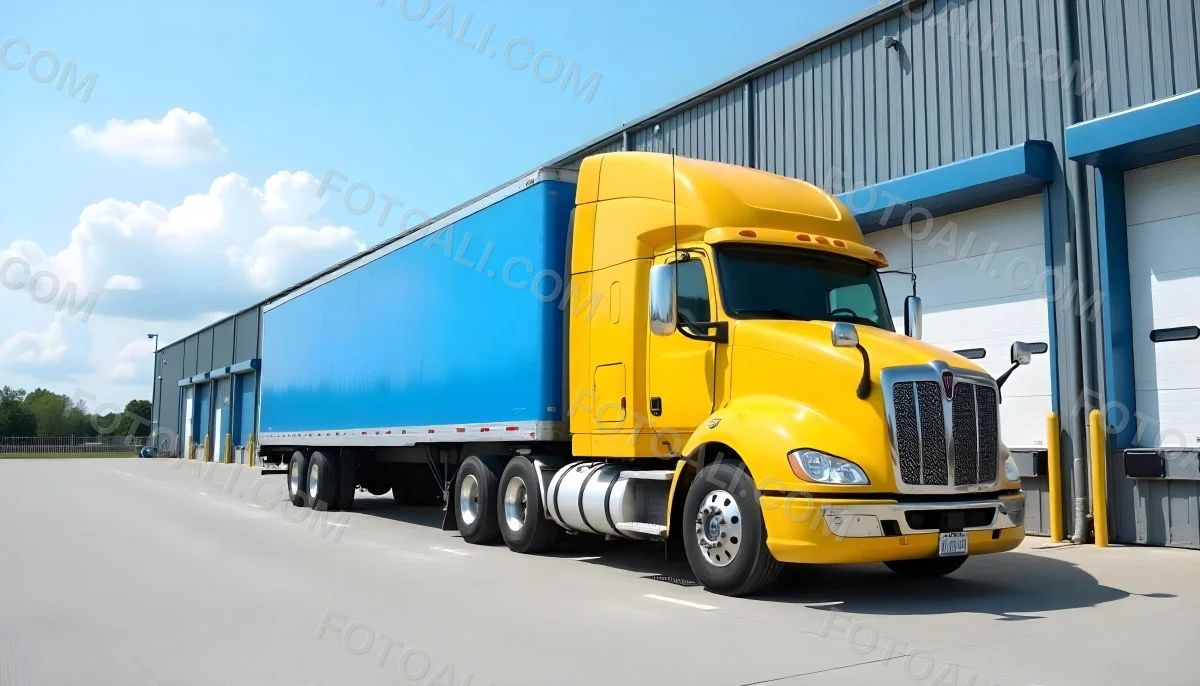 Yellow Semi Truck With A Blue Trailer Parked In Front Of A Large Warehouse The Sky Is Blue With Some Clouds 23 8234