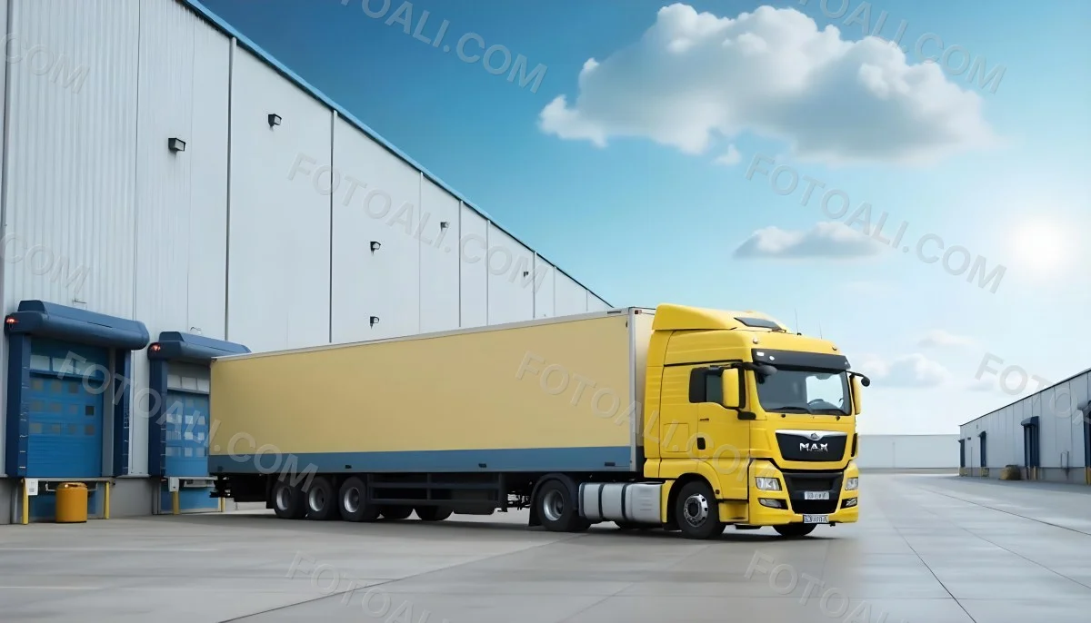 Yellow Semi Truck With A Blue Trailer Parked In Front Of A Large Warehouse The Sky Is Blue With Some Clouds 24 Ad72