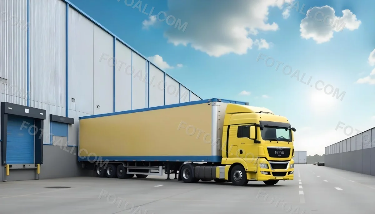 Yellow Semi Truck With A Blue Trailer Parked In Front Of A Large Warehouse The Sky Is Blue With Some Clouds 3 07c8