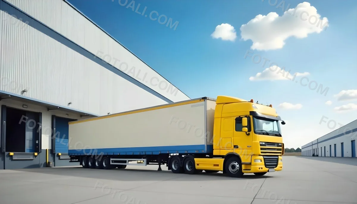 Yellow Semi Truck With A Blue Trailer Parked In Front Of A Large Warehouse The Sky Is Blue With Some Clouds 6 710d