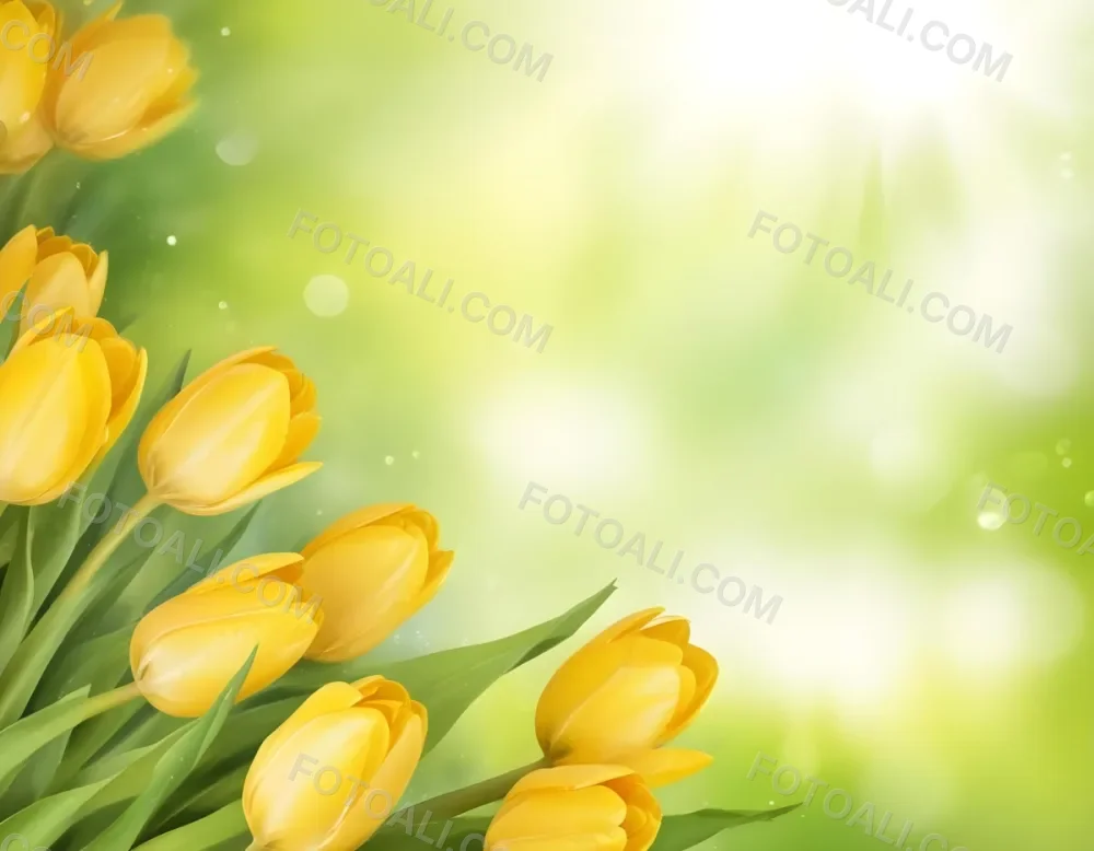 Yellow Tulips With Green Leaves In The Right Corner Bokeh Effect Bright Light In The Upper Right Corner Spring Background 4 26f7