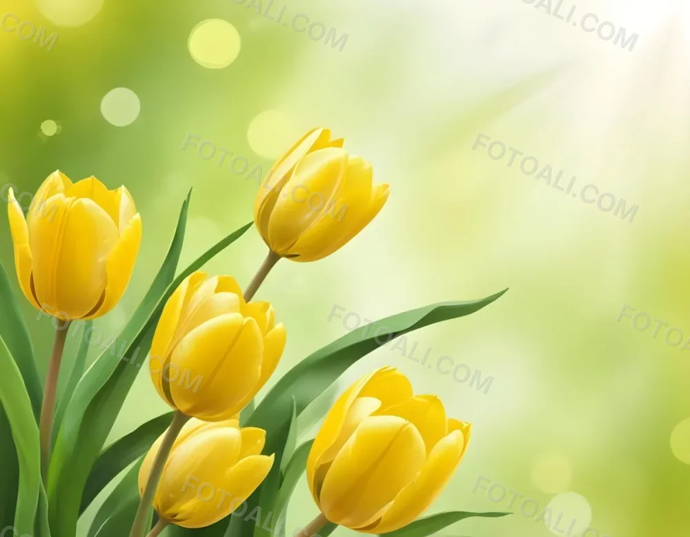 Yellow Tulips With Green Leaves In The Right Corner Bokeh Effect Bright Light In The Upper Right Corner Spring Background 46 6bdc