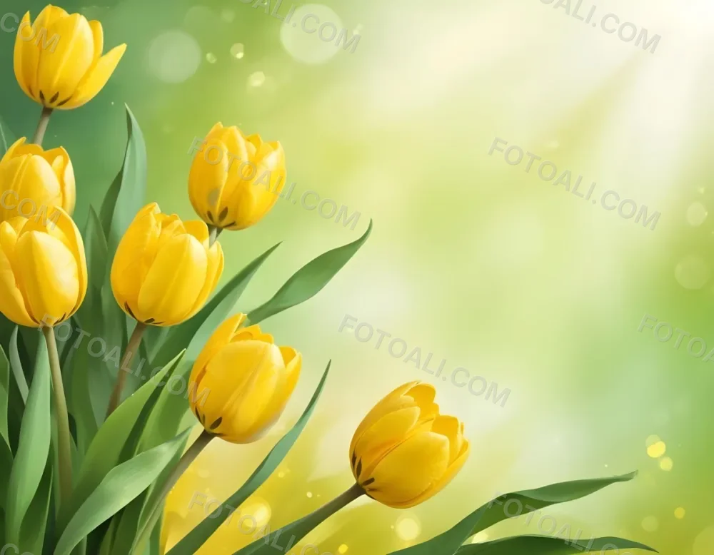 Yellow Tulips With Green Leaves In The Right Corner Bokeh Effect Bright Light In The Upper Right Corner Spring Background 47 B789