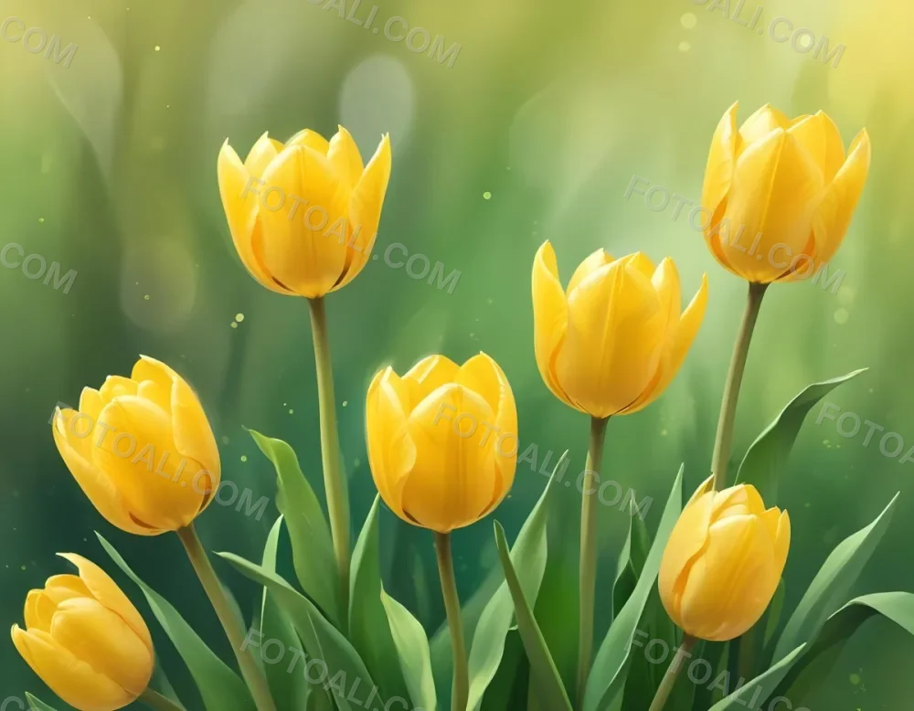 Yellow Tulips With Green Leaves In The Right Corner Bokeh Effect Bright Light In The Upper Right Corner Spring Background 60 E179