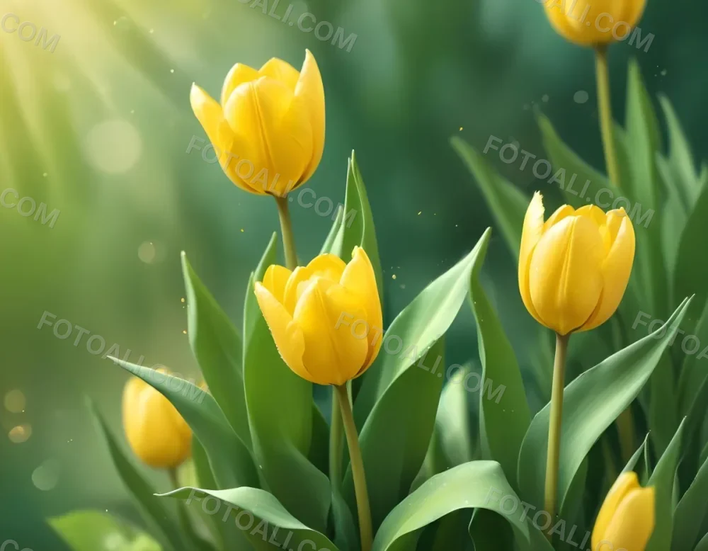 Yellow Tulips With Green Leaves In The Right Corner Bokeh Effect Bright Light In The Upper Right Corner Spring Background 62 268d