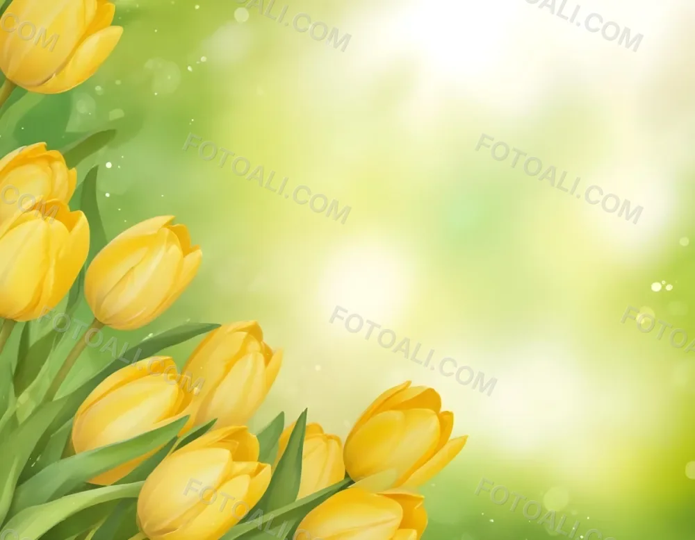 Yellow Tulips With Green Leaves In The Right Corner Bokeh Effect Bright Light In The Upper Right Corner Spring Background 63 5aac