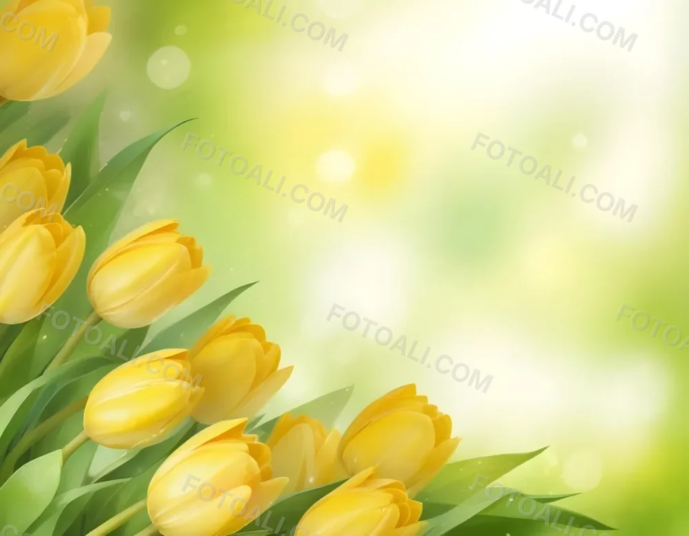 Yellow Tulips With Green Leaves In The Right Corner Bokeh Effect Bright Light In The Upper Right Corner Spring Background 65 7dee