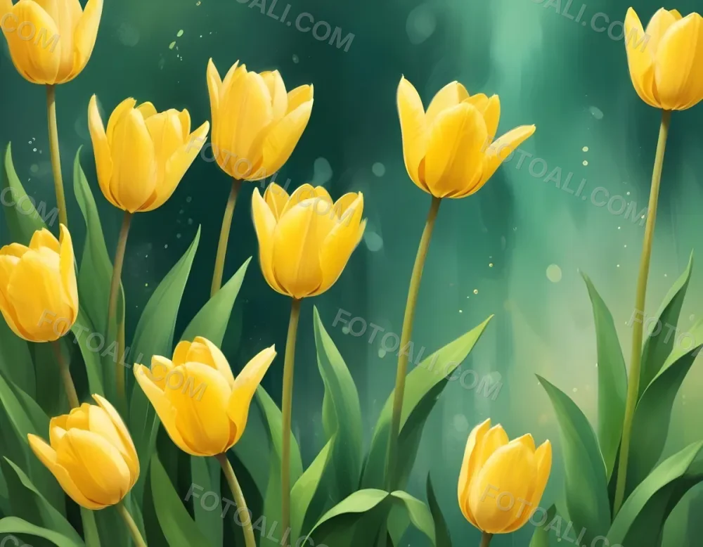 Yellow Tulips With Green Leaves In The Right Corner Bokeh Effect Bright Light In The Upper Right Corner Spring Background 66 54f4
