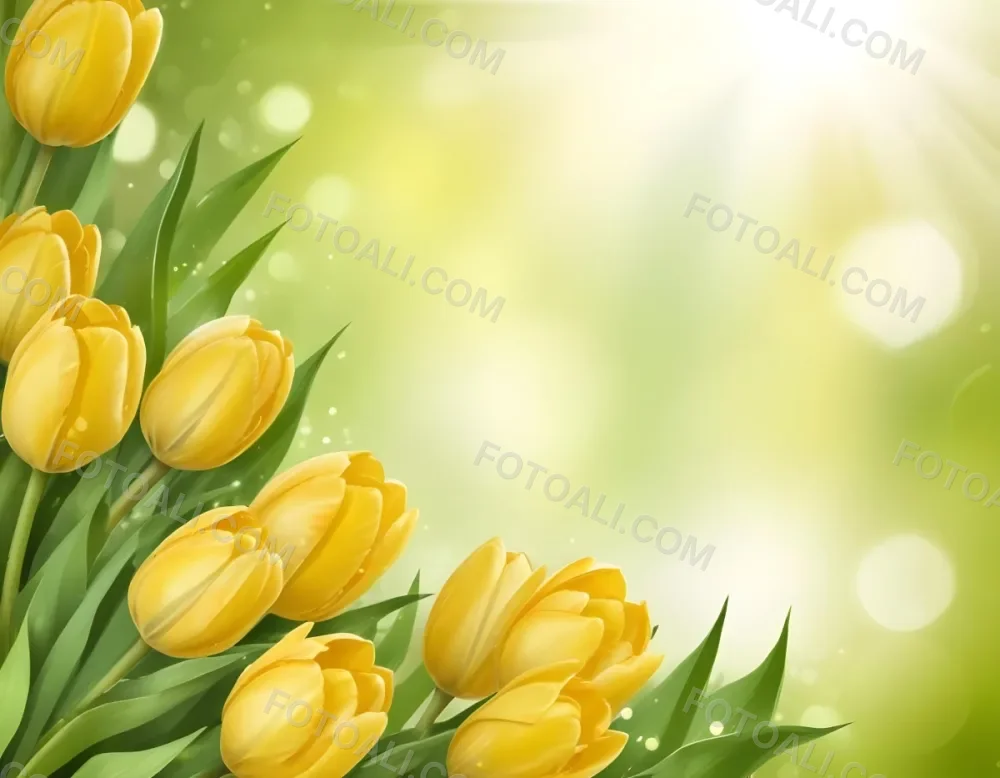 Yellow Tulips With Green Leaves In The Right Corner Bokeh Effect Bright Light In The Upper Right Corner Spring Background 67 15bc