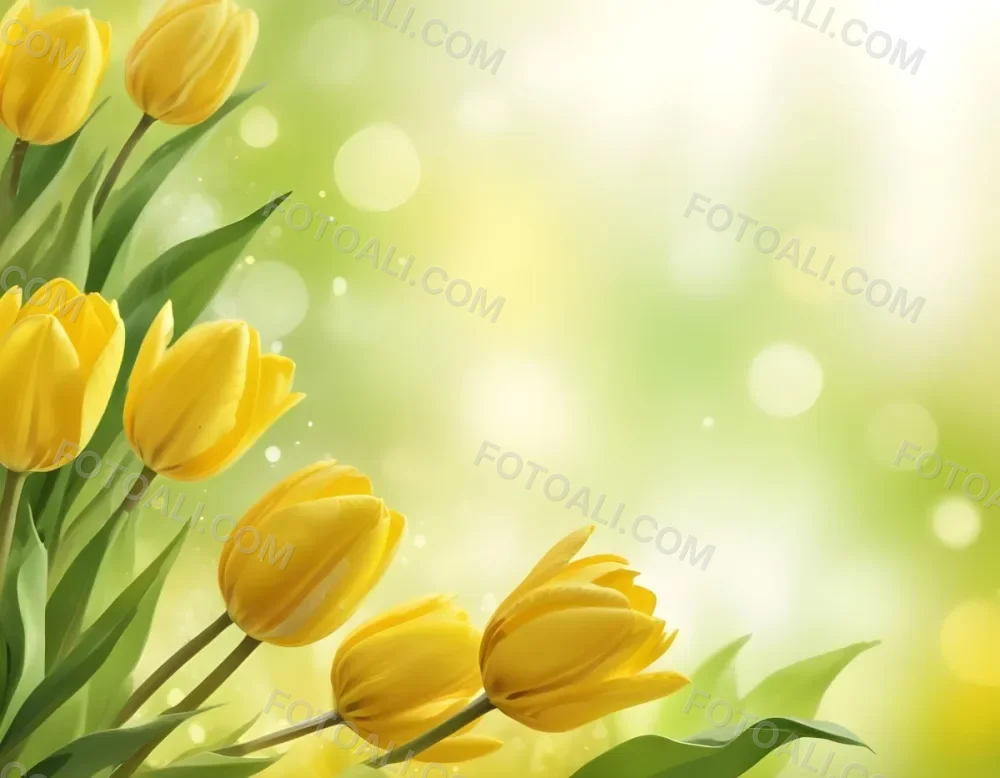 Yellow Tulips With Green Leaves In The Right Corner Bokeh Effect Bright Light In The Upper Right Corner Spring Background 68 6c39