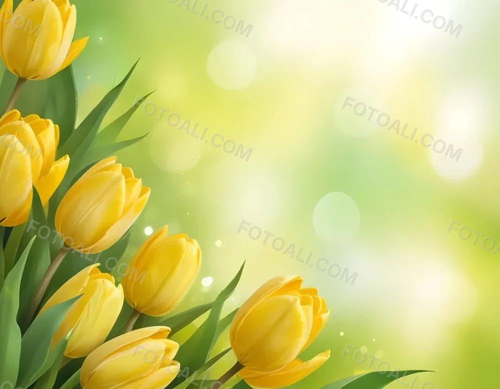 Yellow Tulips With Green Leaves In The Right Corner Bokeh Effect Bright Light In The Upper Right Corner Spring Background 7 8355