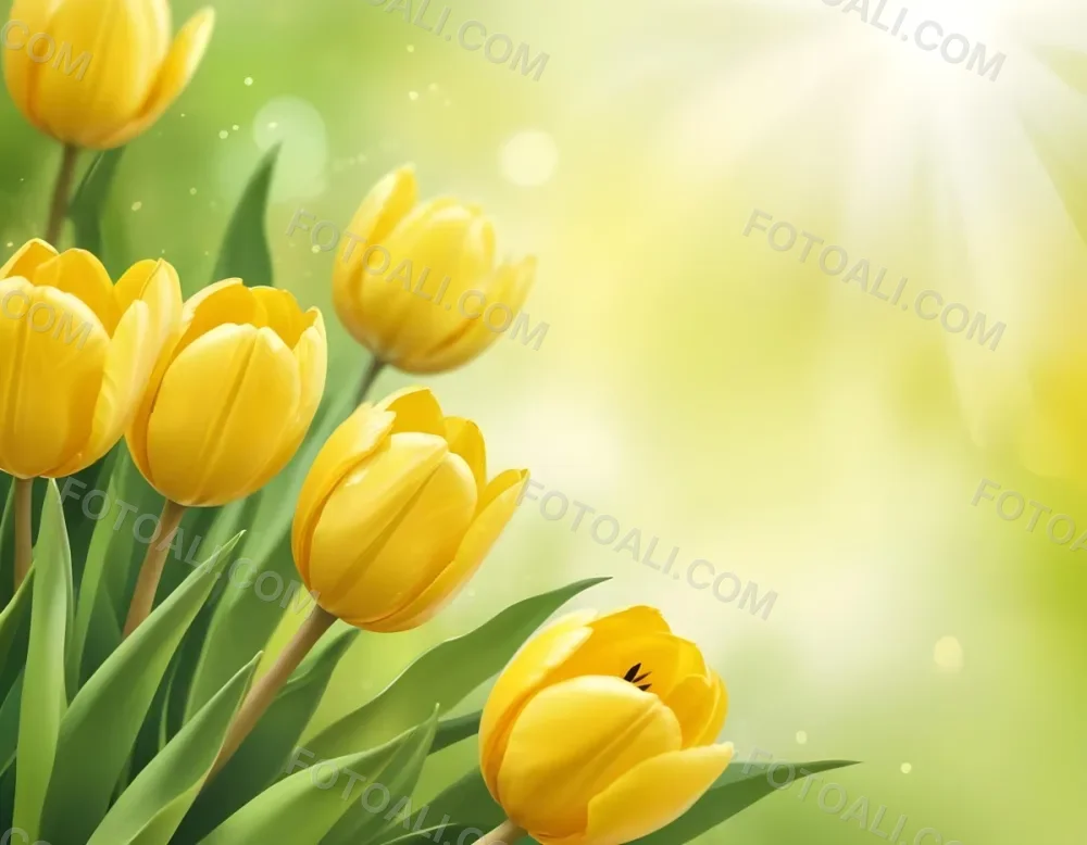 Yellow Tulips With Green Leaves In The Right Corner Bokeh Effect Bright Light In The Upper Right Corner Spring Background 70 1024