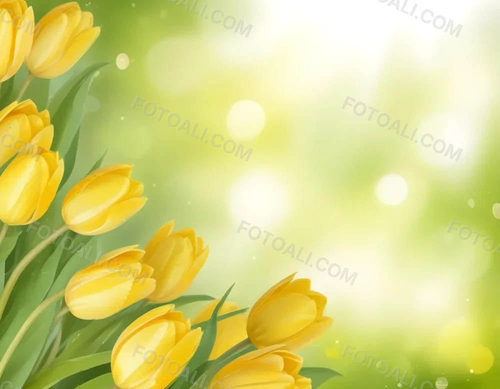 Yellow Tulips With Green Leaves In The Right Corner Bokeh Effect Bright Light In The Upper Right Corner Spring Background 71 3758