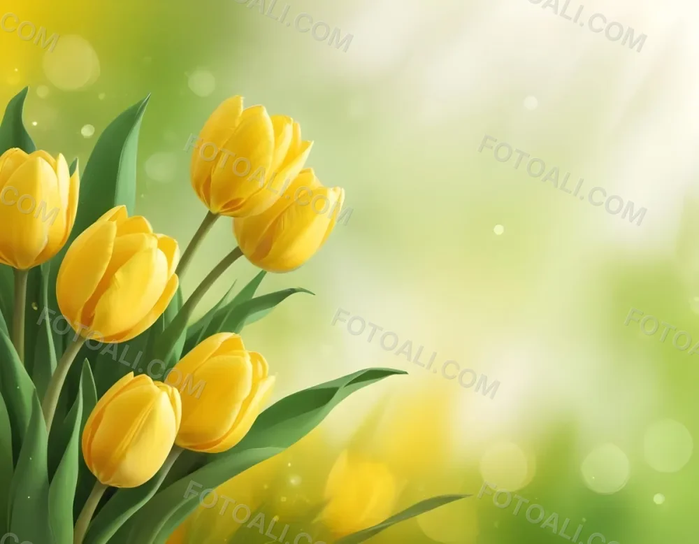 Yellow Tulips With Green Leaves In The Right Corner Bokeh Effect Bright Light In The Upper Right Corner Spring Background 74 D8fb